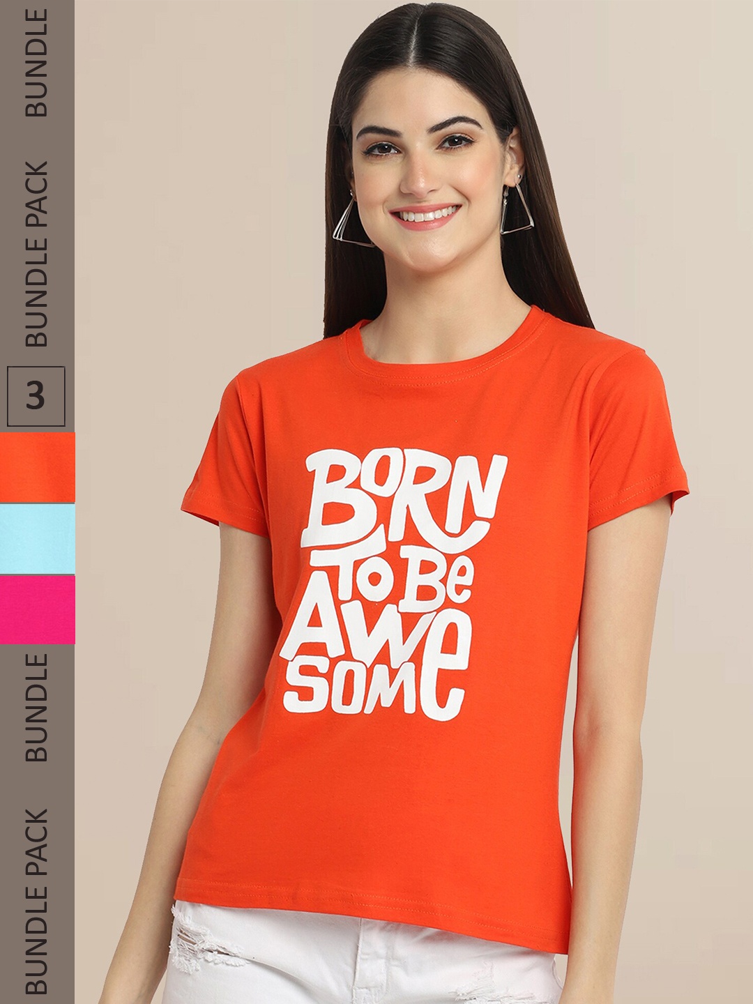 

Fabflee Women Pack of 3 Typography Printed Cotton T-shirts, Orange