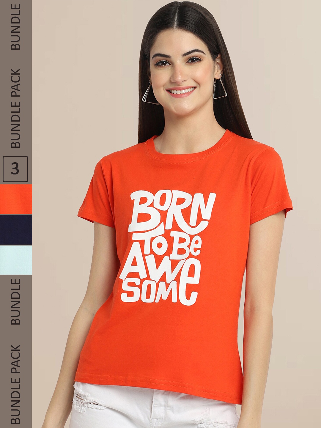 

Fabflee Women Pack of 3 Printed Cotton T-shirts, Orange
