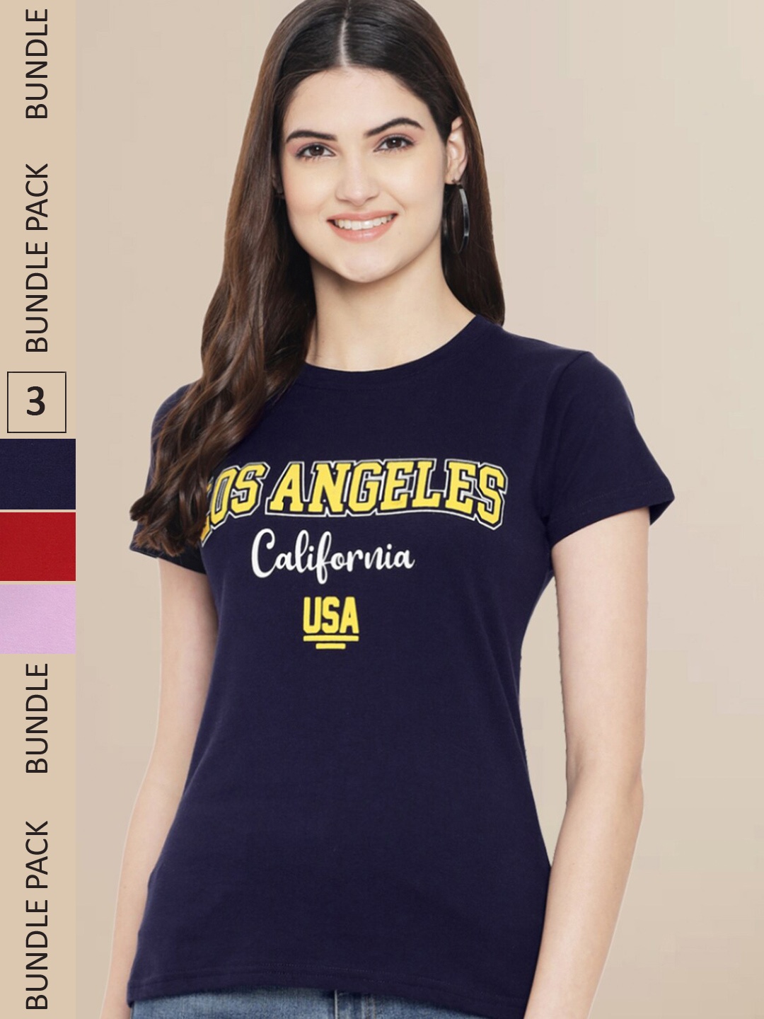 Fabflee Women Pack of 3 Typography Printed Cotton T-shirts, Navy blue