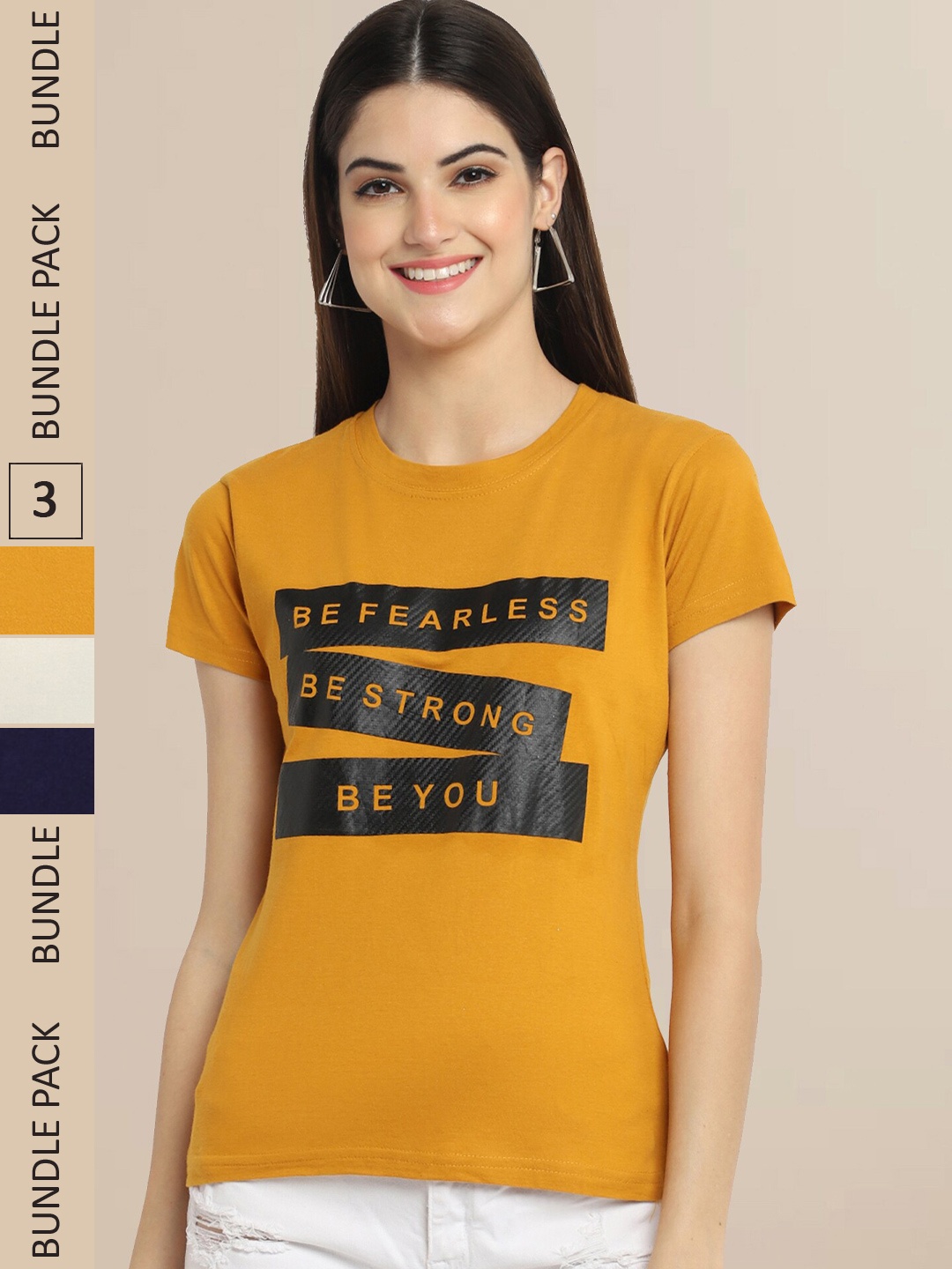 

Fabflee Women Pack of 3 Typography Printed Cotton T-shirts, Mustard