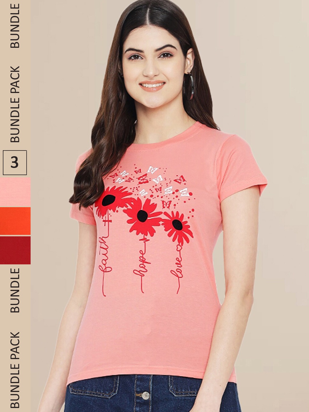 

Fabflee Women Pack of 3 Printed Cotton T-shirts, Peach