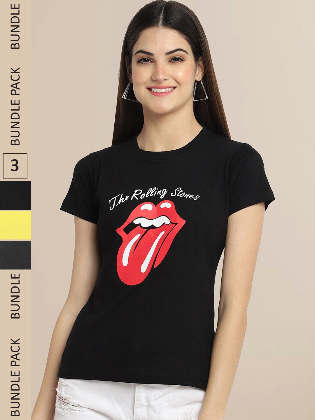 

Fabflee Women Pack of 3 Printed Cotton T-shirts, Black