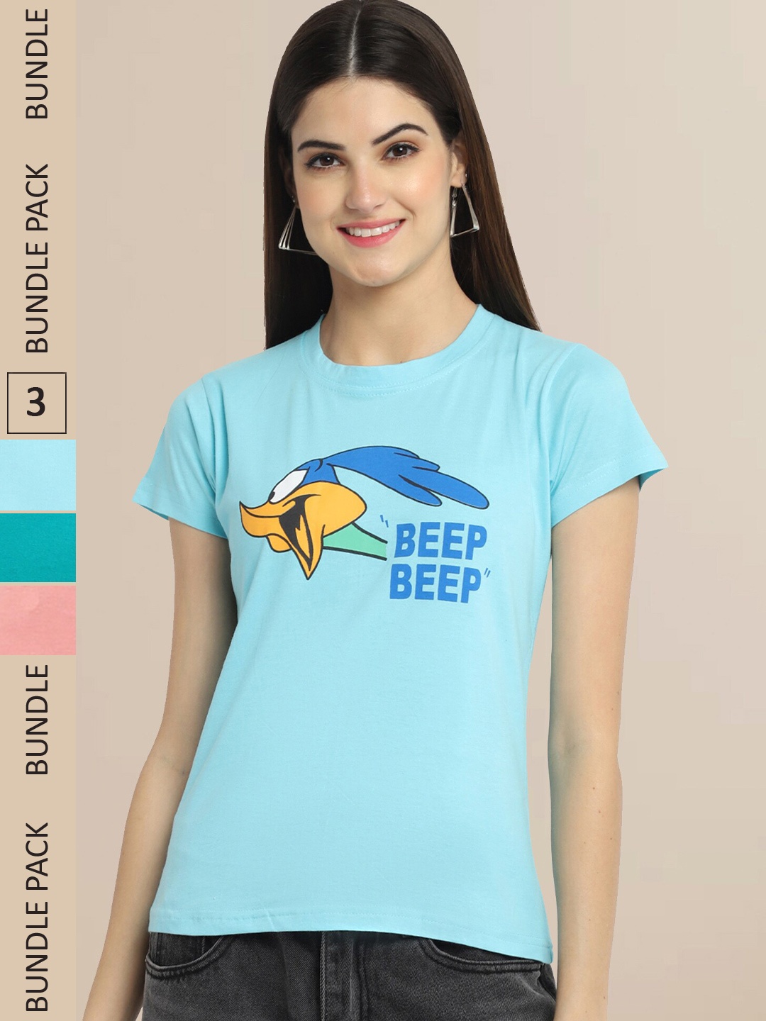 

Fabflee Women Pack of 3 Printed Cotton T-shirts, Blue