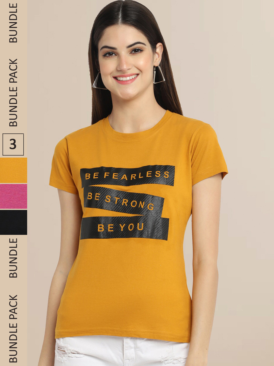 

Fabflee Women Pack of 3 Typography Printed Cotton T-shirts, Mustard