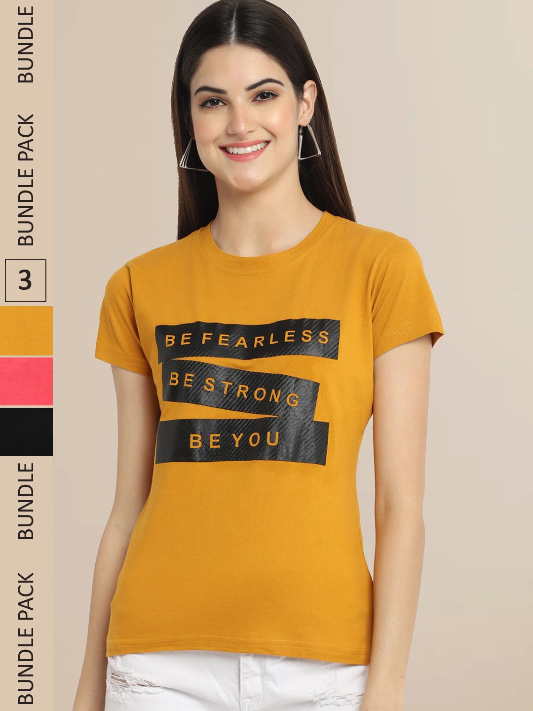 

Fabflee Women Pack of 3 Typography Printed Cotton T-shirts, Mustard