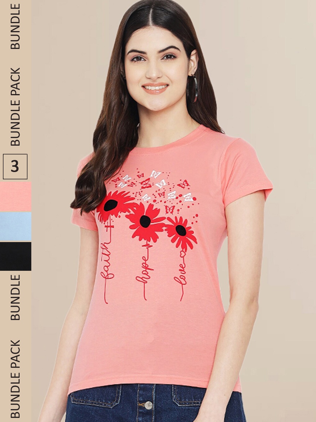 

Fabflee Women Pack of 3 Printed Cotton T-shirt, Pink