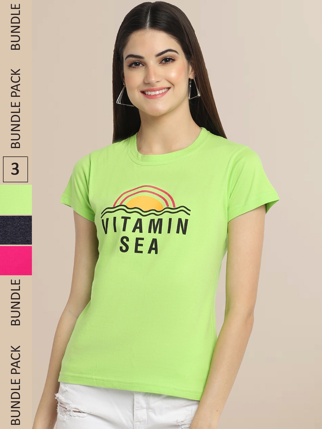 

Fabflee Women Pack of 3 Typography Printed Cotton T-shirt, Green
