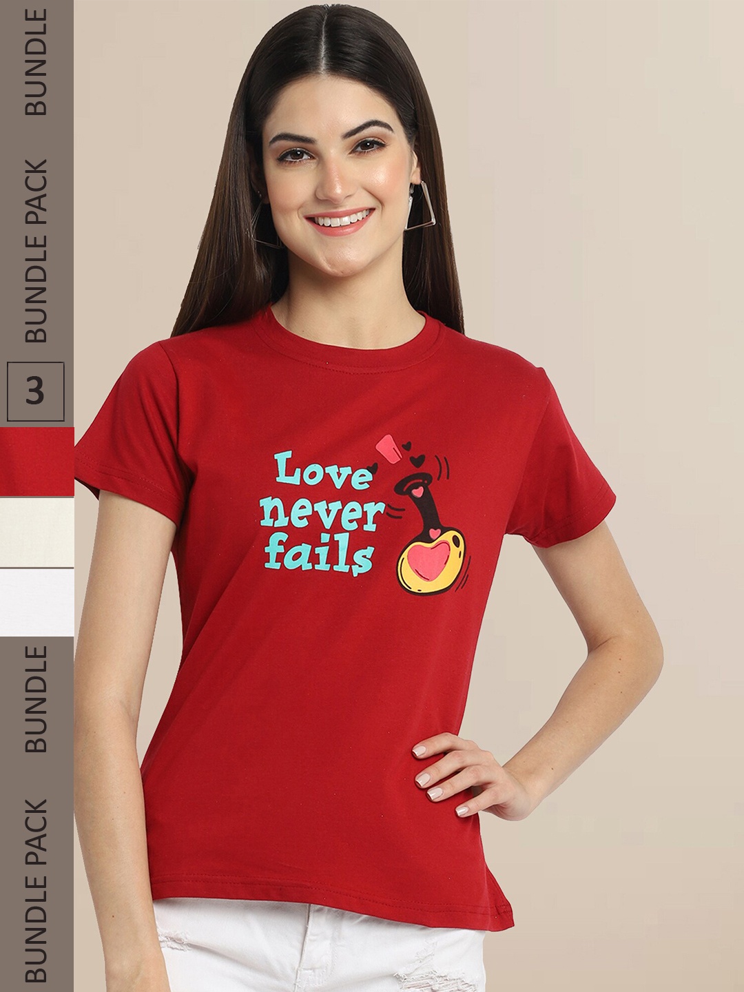 

Fabflee Women Pack of 3 Typography Printed Cotton T-shirt, Red