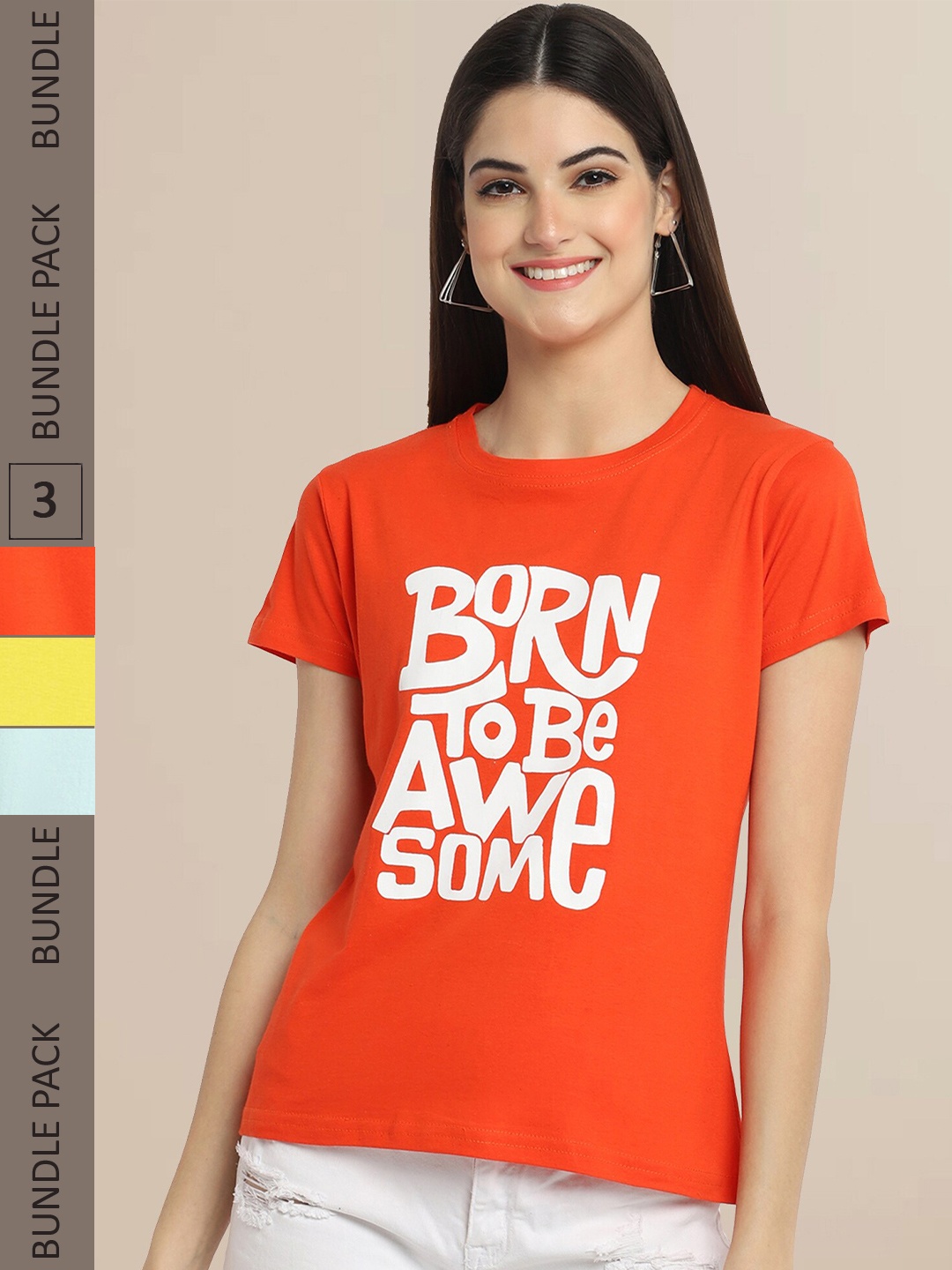 

Fabflee Women Pack of 3 Typography Printed Cotton T-shirt, Orange