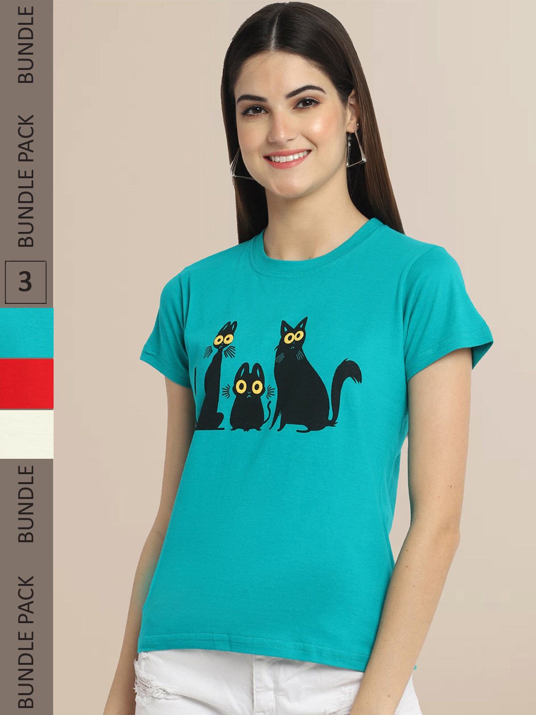 

Fabflee Women Pack of 3 Graphic Printed Cotton T-shirt, Teal