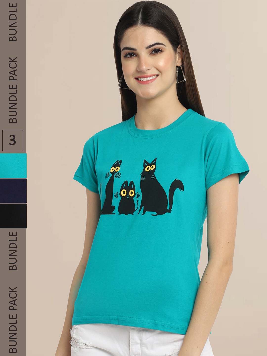 Fabflee Women Pack of 3 Graphic Printed Cotton T-shirt, Teal