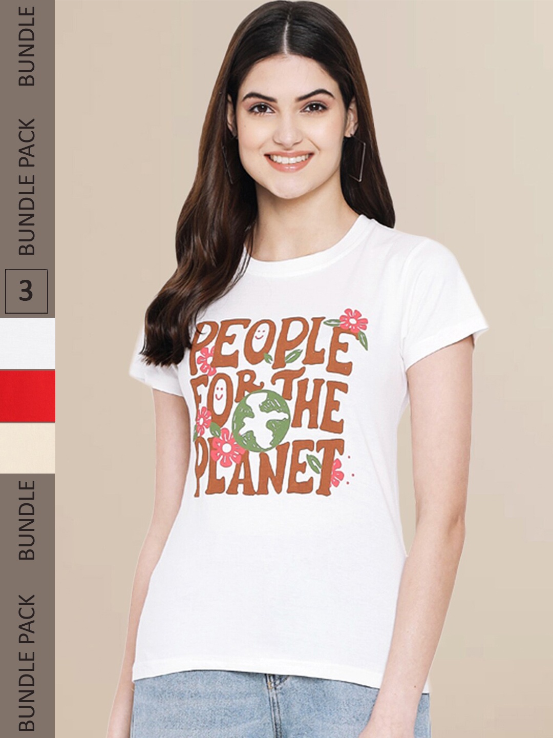 Fabflee Women Pack of 3 Printed Cotton T-shirts, White