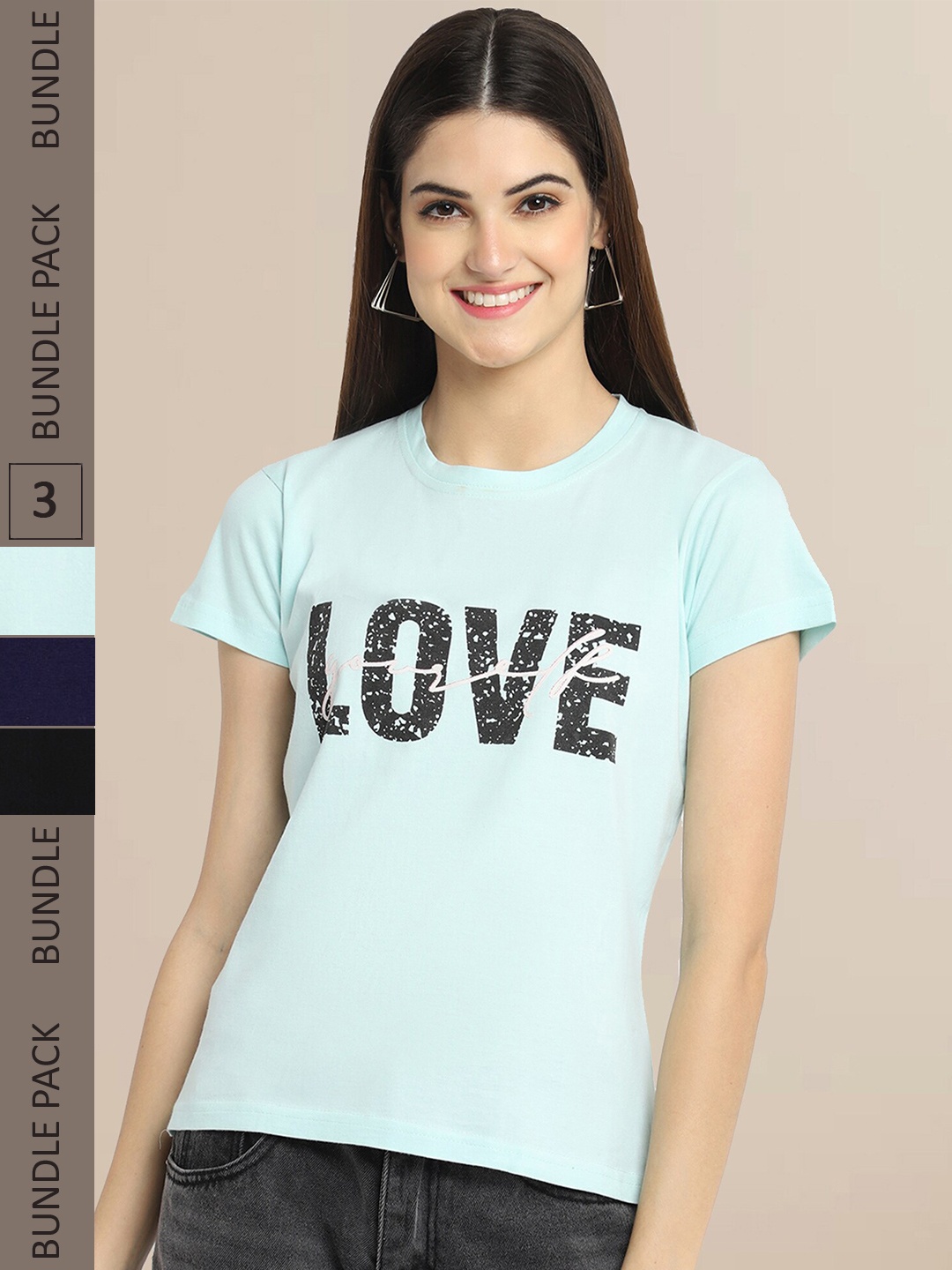 

Fabflee Women Pack of 3 Printed Cotton T-shirts, Blue