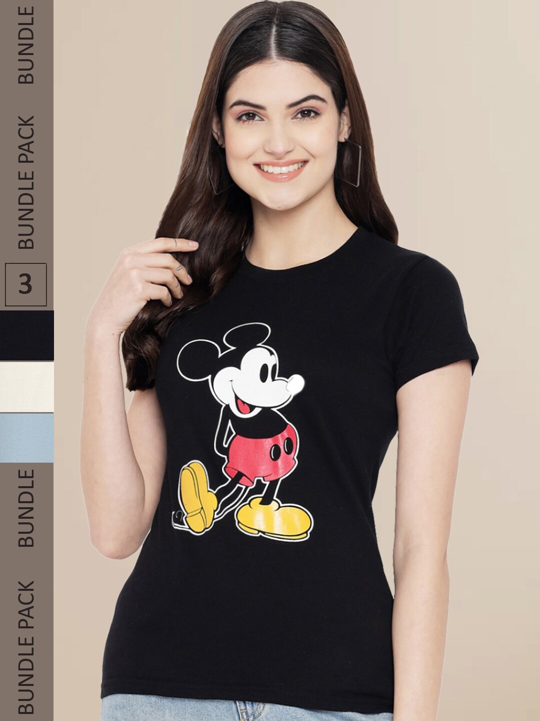 

Fabflee Women Pack of 3 Printed Cotton T-shirt, Black