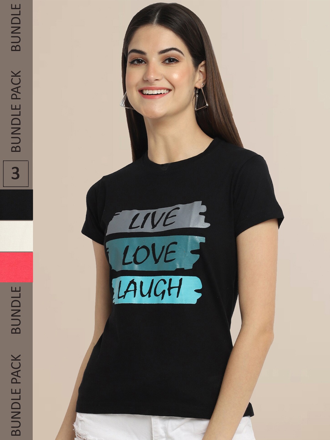 

Fabflee Women Pack of 3 Printed Cotton T-shirts, Black