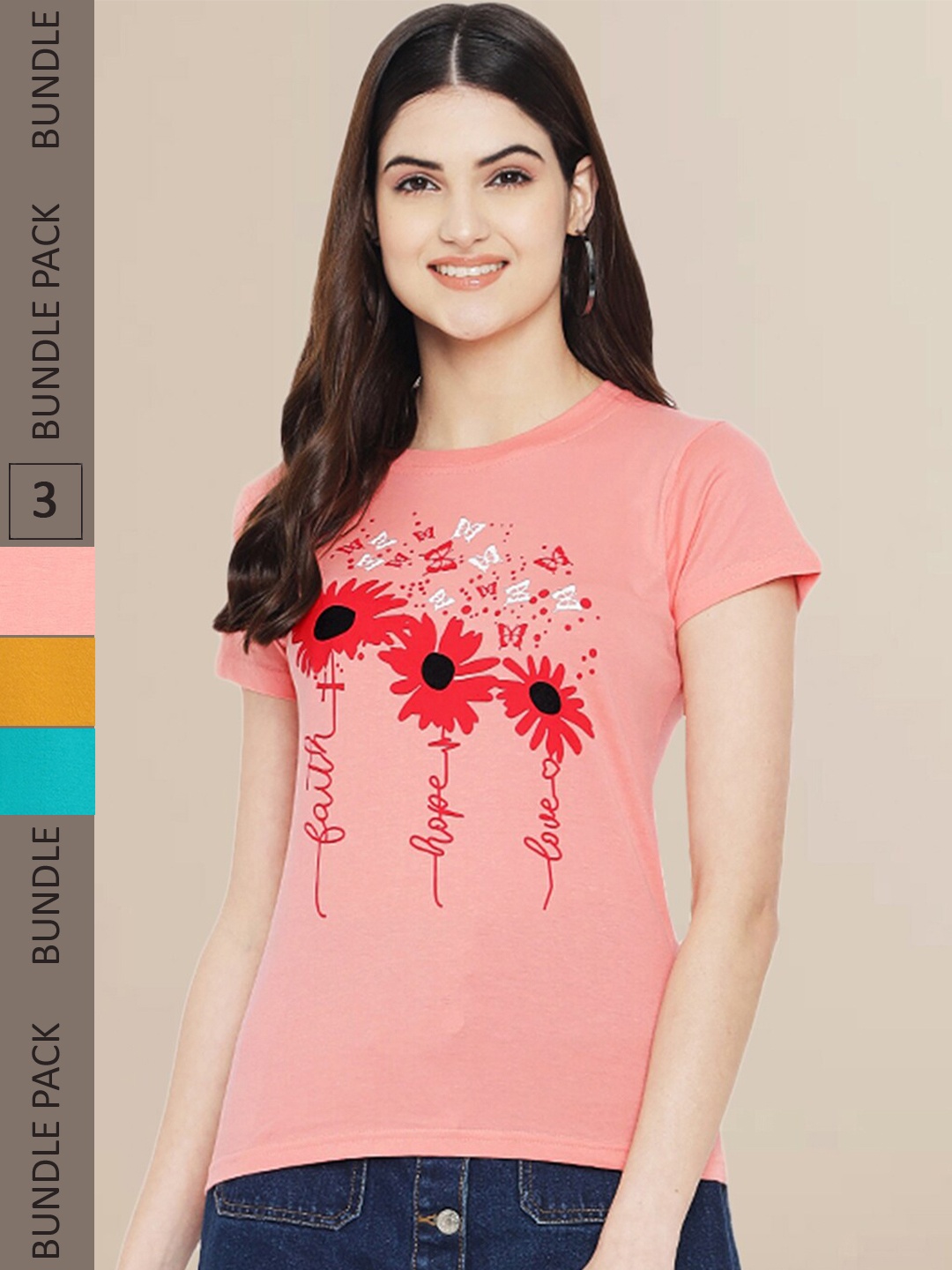 

Fabflee Women Pack of 3 Printed Cotton T-shirts, Peach