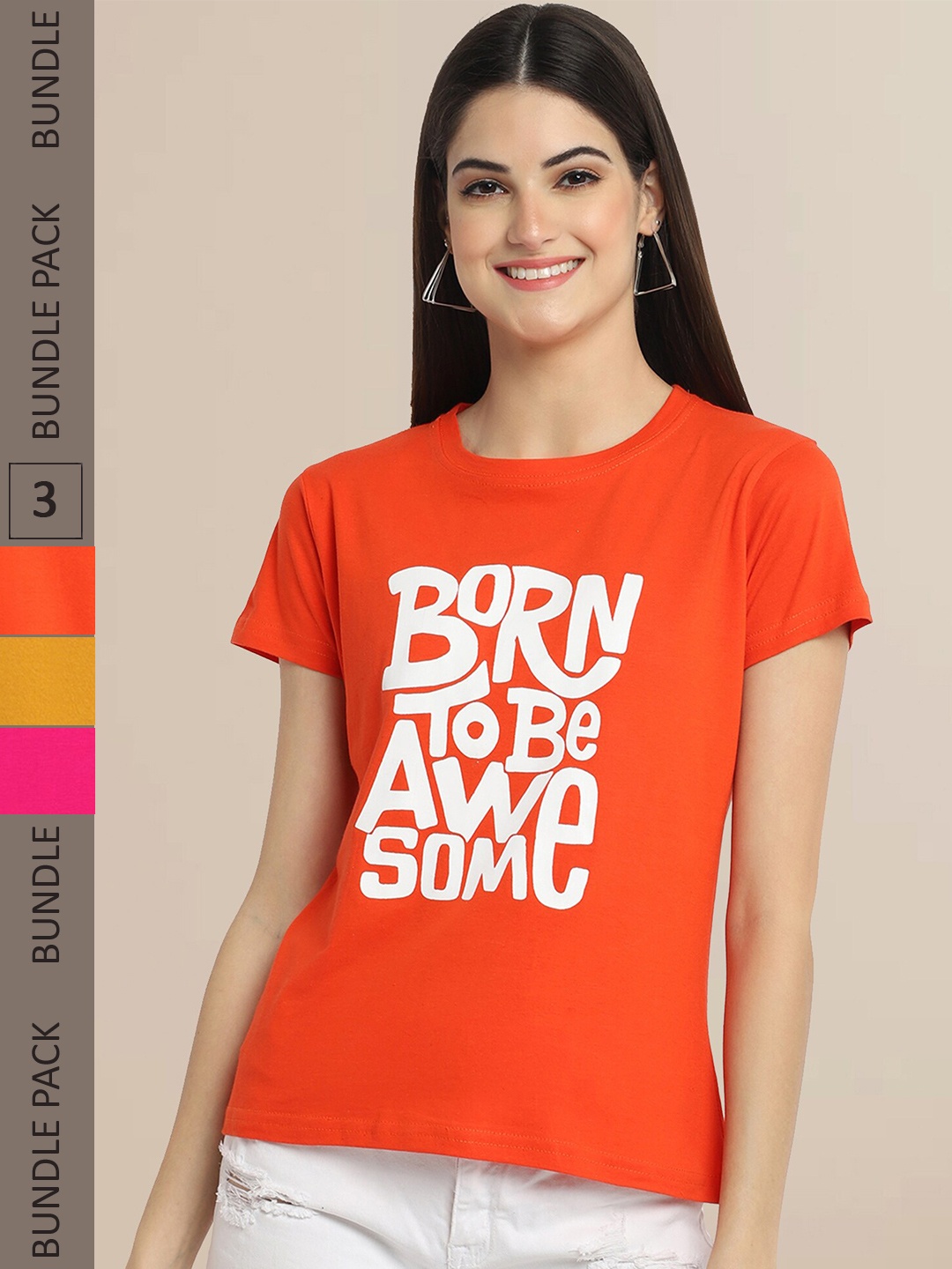 

Fabflee Women Pack of 3 Printed Cotton T-shirts, Orange