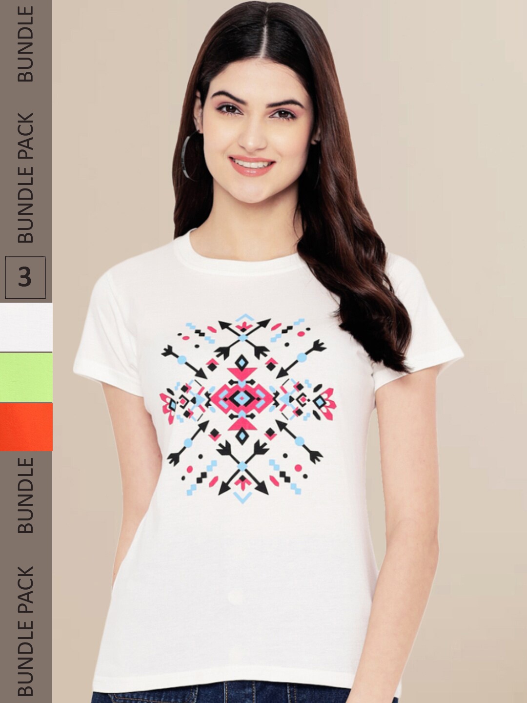 

Fabflee Women Pack of 3 Printed Cotton T-shirts, Off white