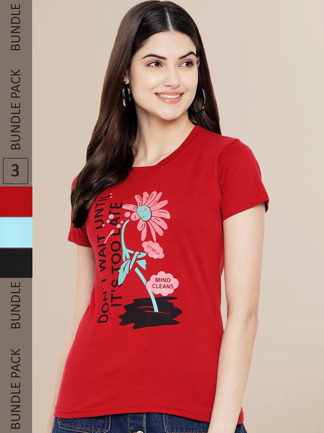 Fabflee Women Pack of 3 Cotton Printed T-shirt, Red