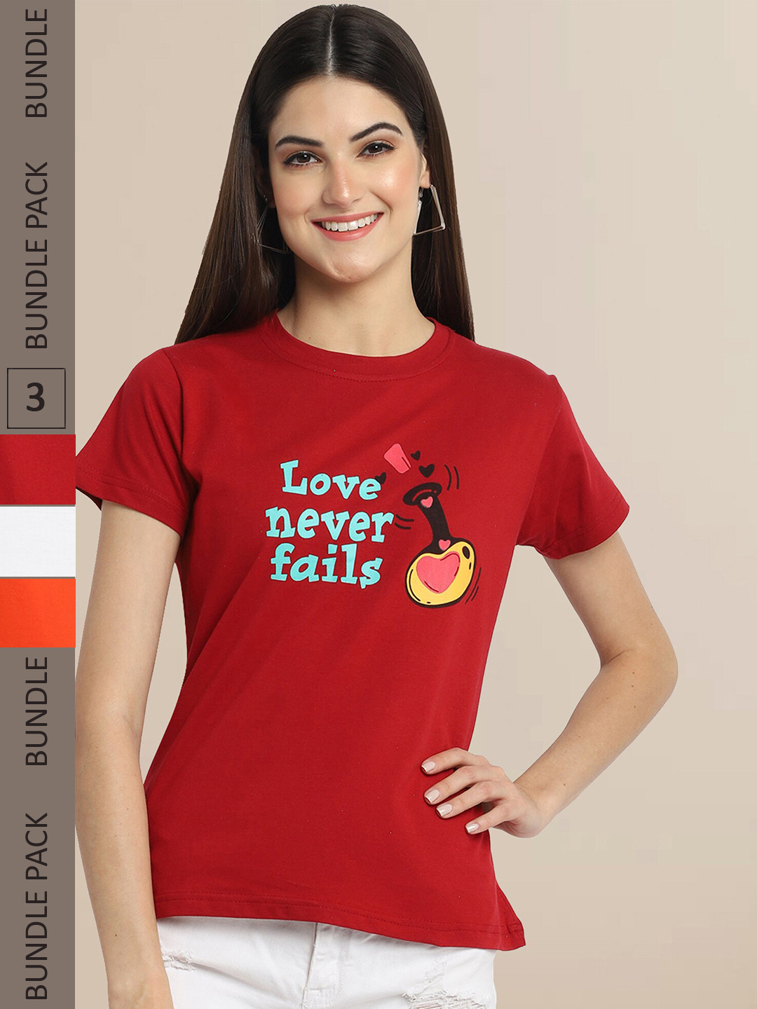 

Fabflee Women Pack of 3 Cotton Printed T-shirt, Red