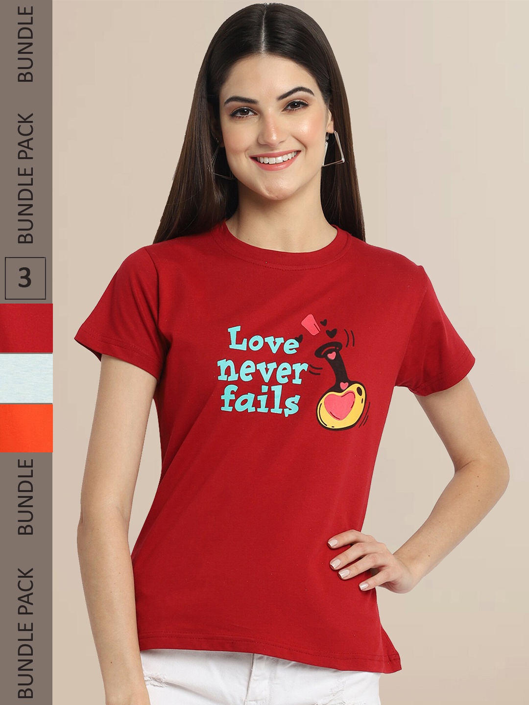 

Fabflee Women Pack of 3 Cotton Printed Typography T-shirt, Red