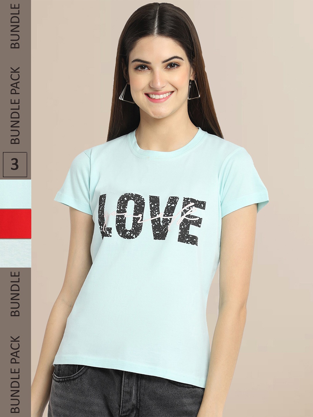 Fabflee Women Pack of 3 Cotton Printed T-shirt, Turquoise blue