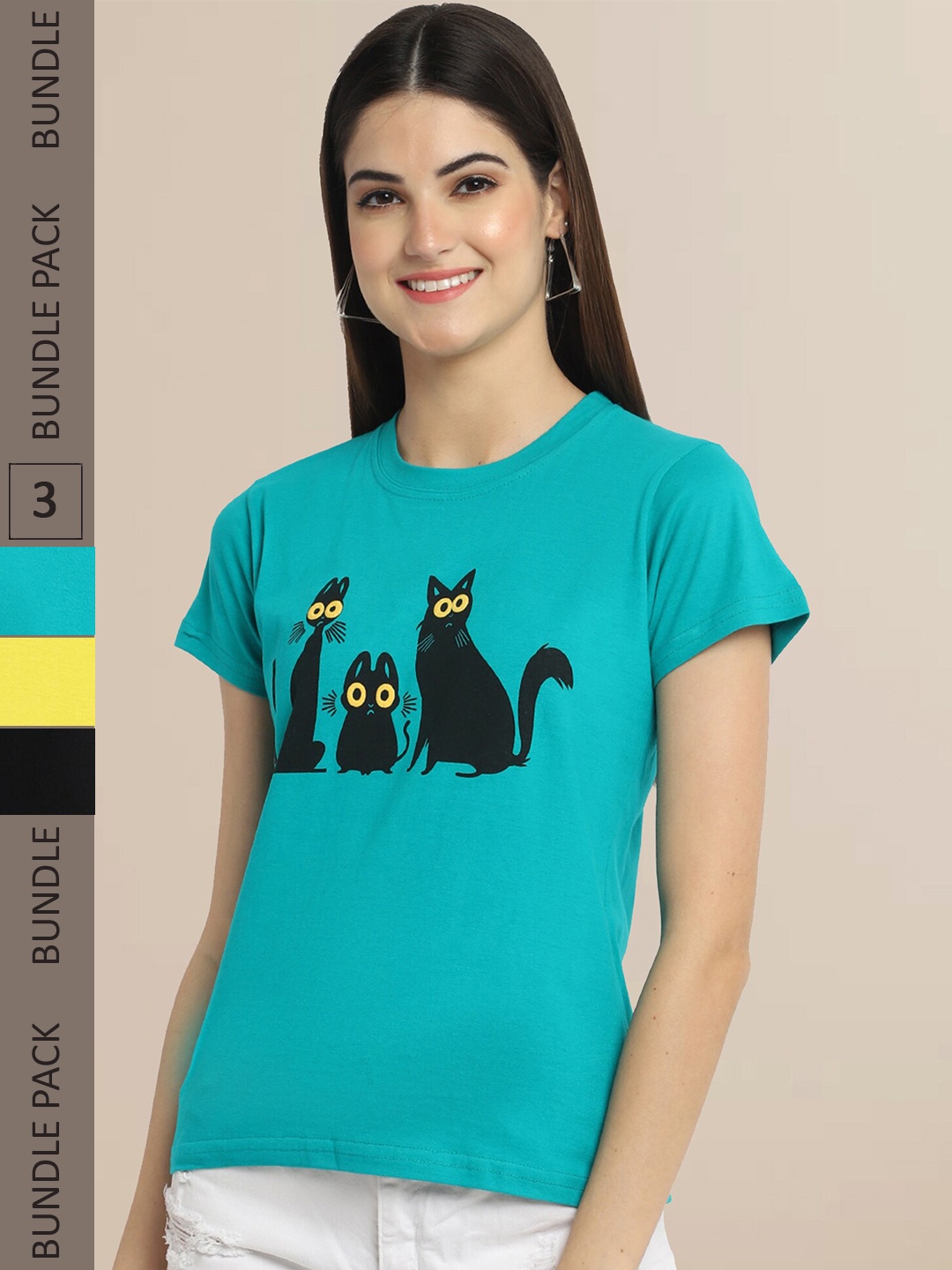 

Fabflee Women Pack of 3 Cotton Printed T-shirt, Blue