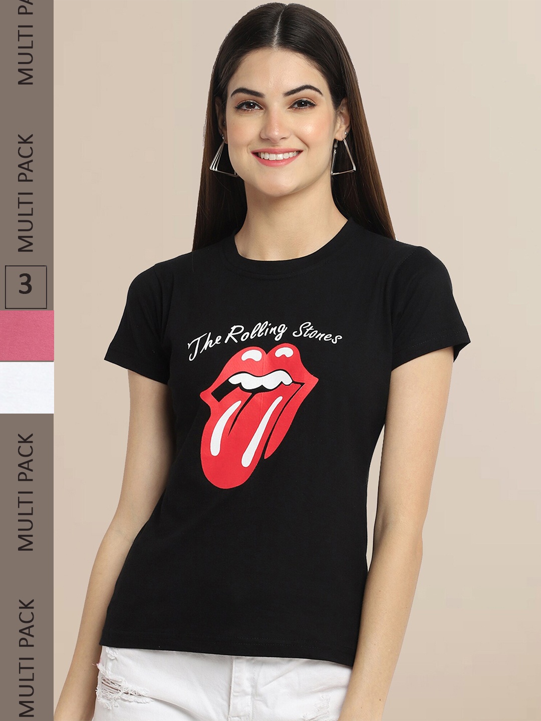 

Fabflee Women Pack of 3 Cotton Printed T-shirt, Black