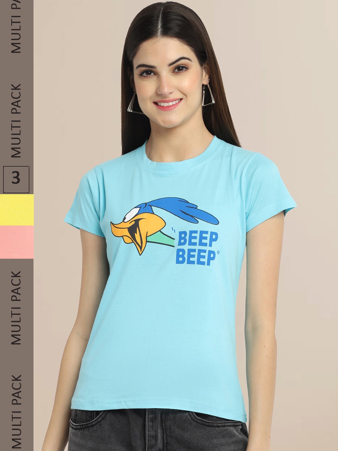 

Fabflee Women Pack of 3 Cotton Printed T-shirt, Turquoise blue