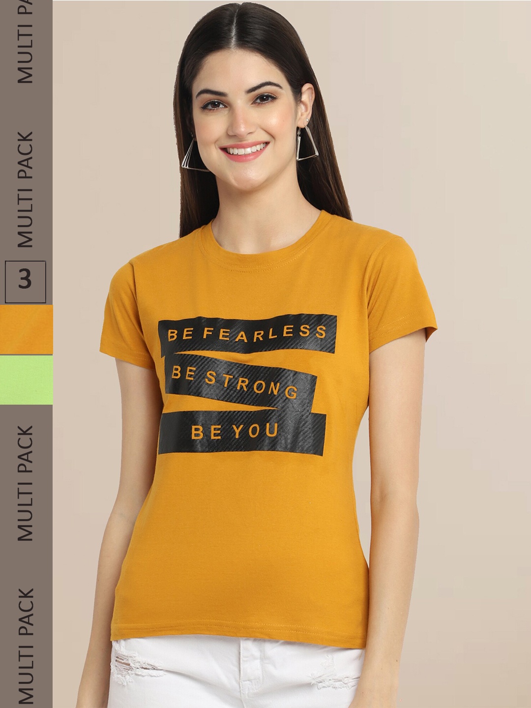 Fabflee Women Pack of 3 Cotton Printed Typography T-shirt, Mustard