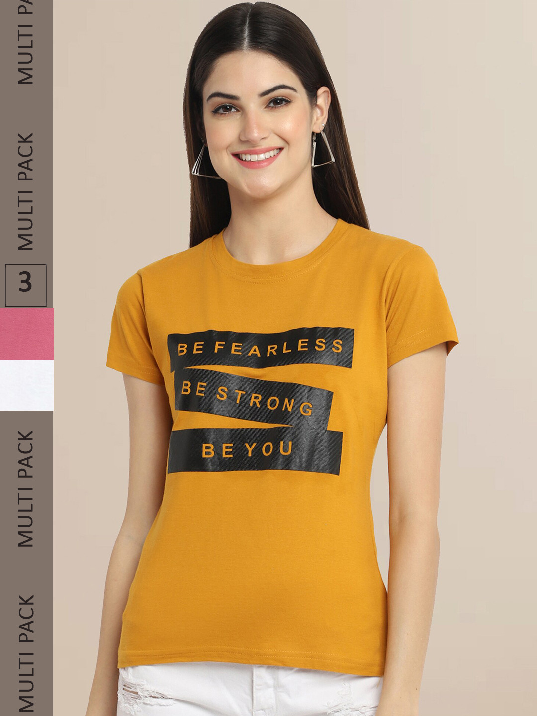 

Fabflee Women Pack of 3 Cotton Printed Typography T-shirt, Mustard