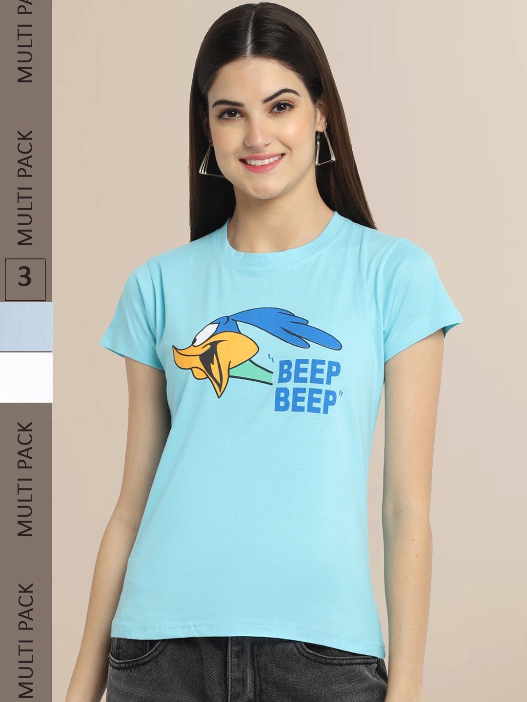 

Fabflee Women Pack of 3 Printed Cotton T-shirts, Blue