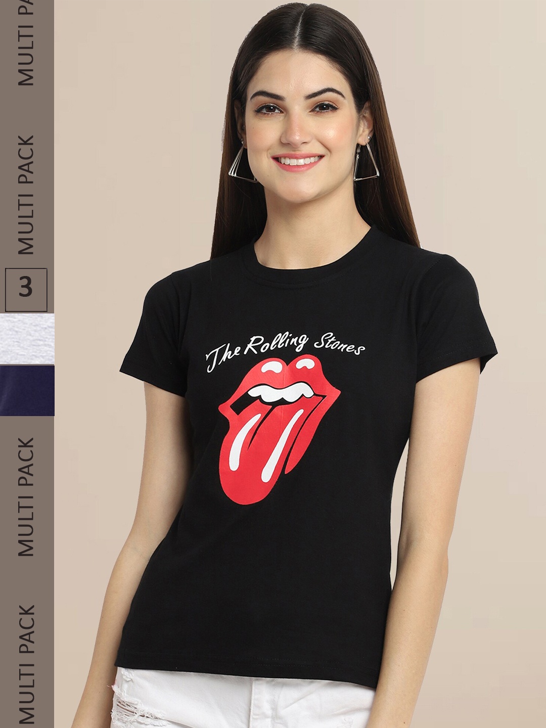 

Fabflee Women Pack of 3 Printed Cotton T-shirts, Black