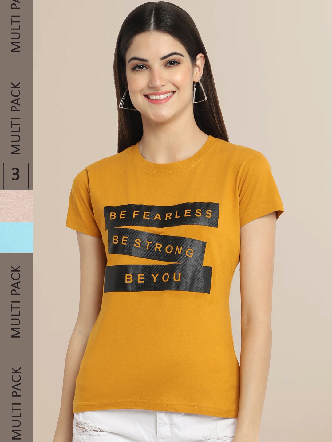 

Fabflee Women Pack of 3 Printed Cotton T-shirts, Mustard