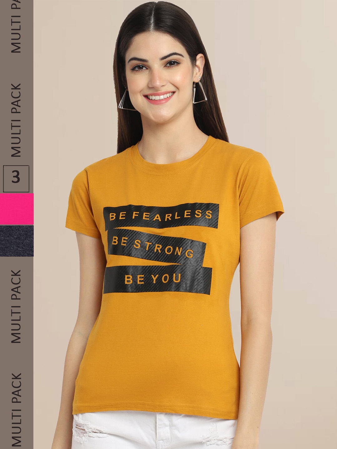 

Fabflee Women Pack of 3 Printed Cotton T-shirts, Mustard