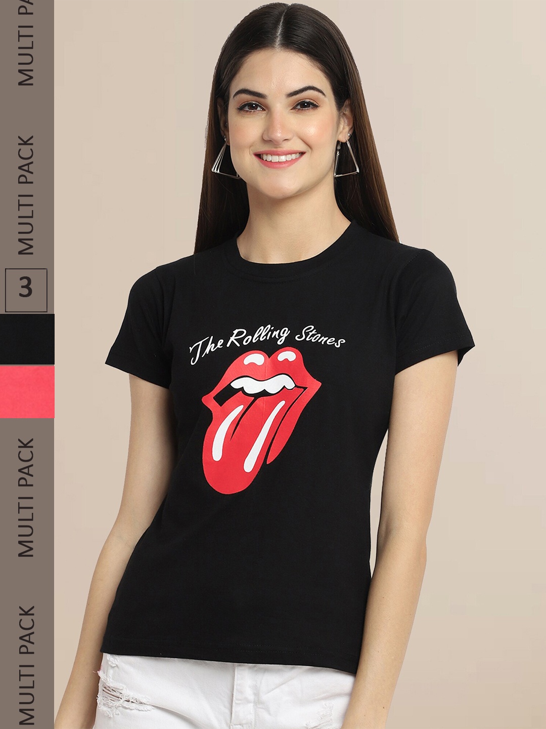 Fabflee Women Pack of 3 Printed Cotton T-shirts, Black