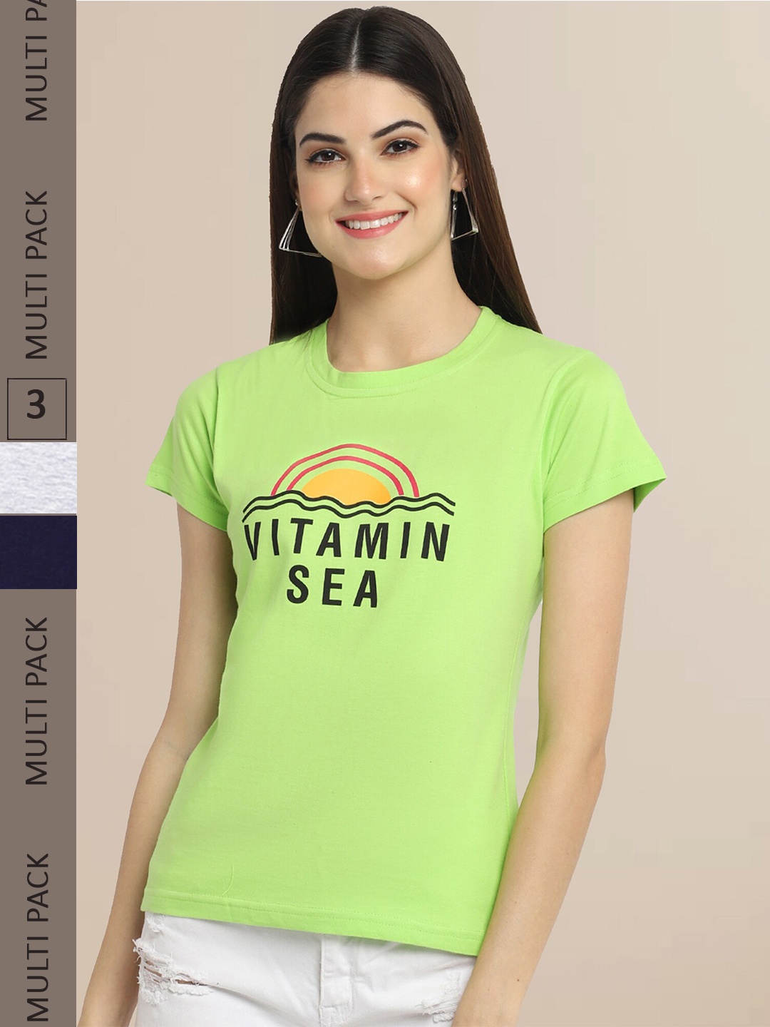 

Fabflee Women Pack of 3 Printed Cotton T-shirts, Green