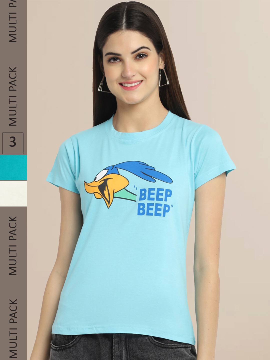 

Fabflee Women Pack of 3 Printed Cotton T-shirts, Blue
