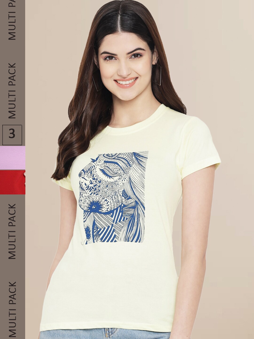 

Fabflee Women Pack of 3 Printed Cotton T-shirts, Beige