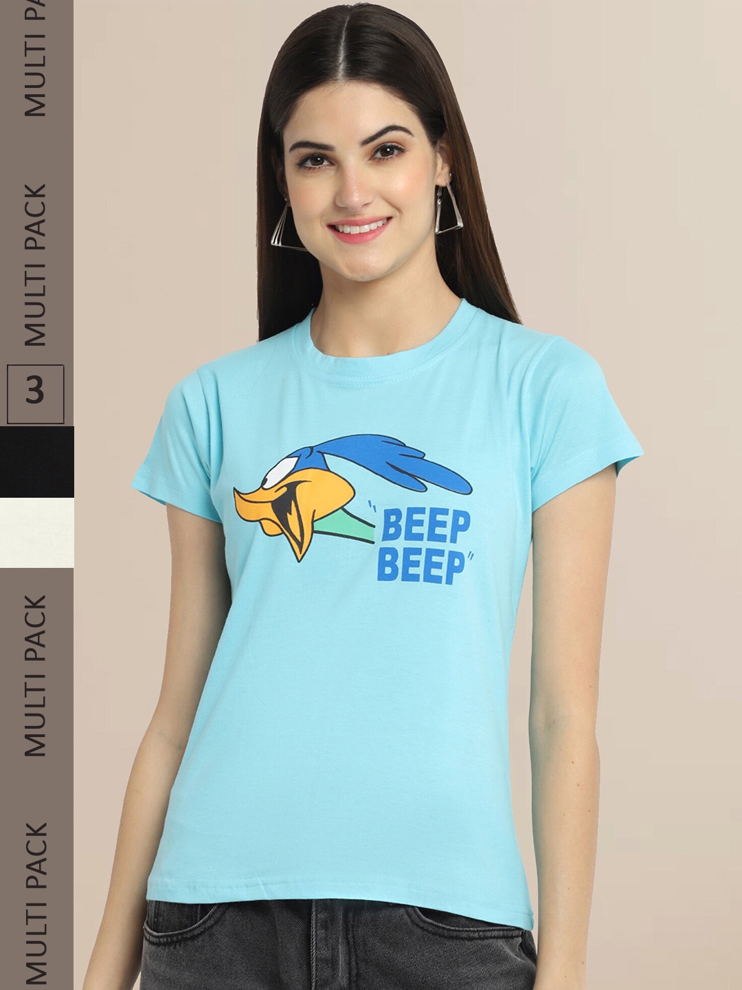 

Fabflee Women Pack of 3 Printed Cotton T-shirts, Blue