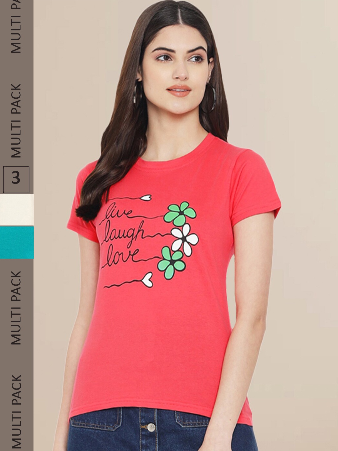 

Fabflee Women Pack of 3 Printed Cotton T-shirts, Red