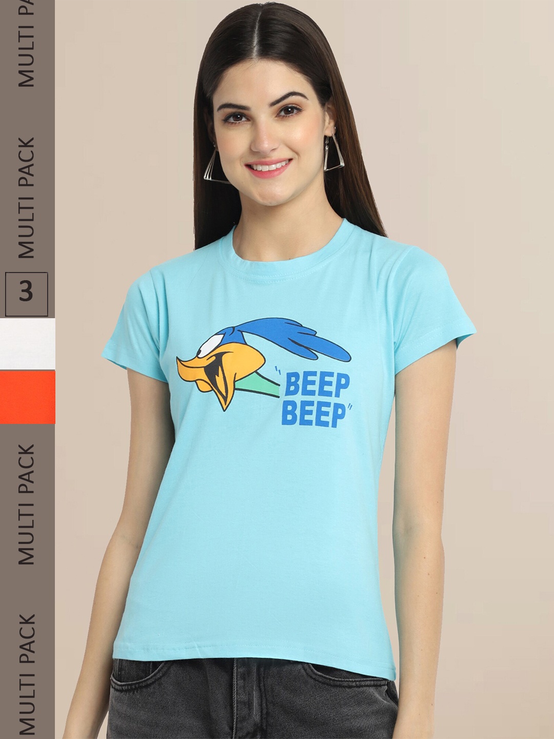 

Fabflee Women Pack of 3 Printed Cotton T-shirts, Blue