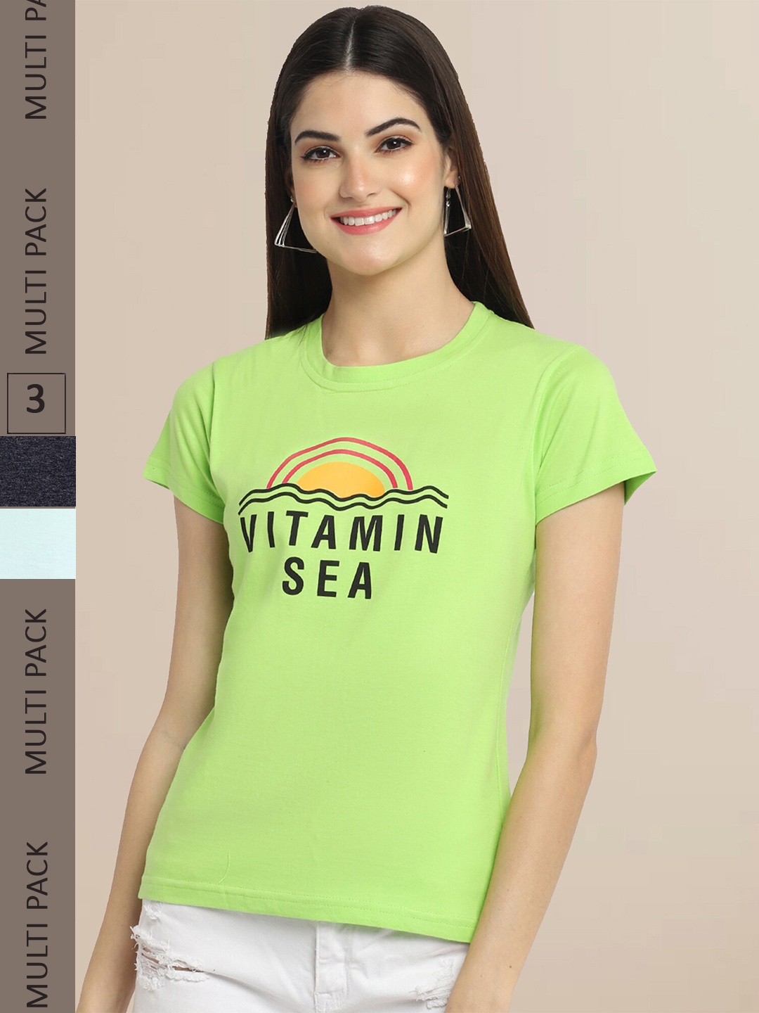 

Fabflee Women Pack of 3 Printed Cotton T-shirts, Green