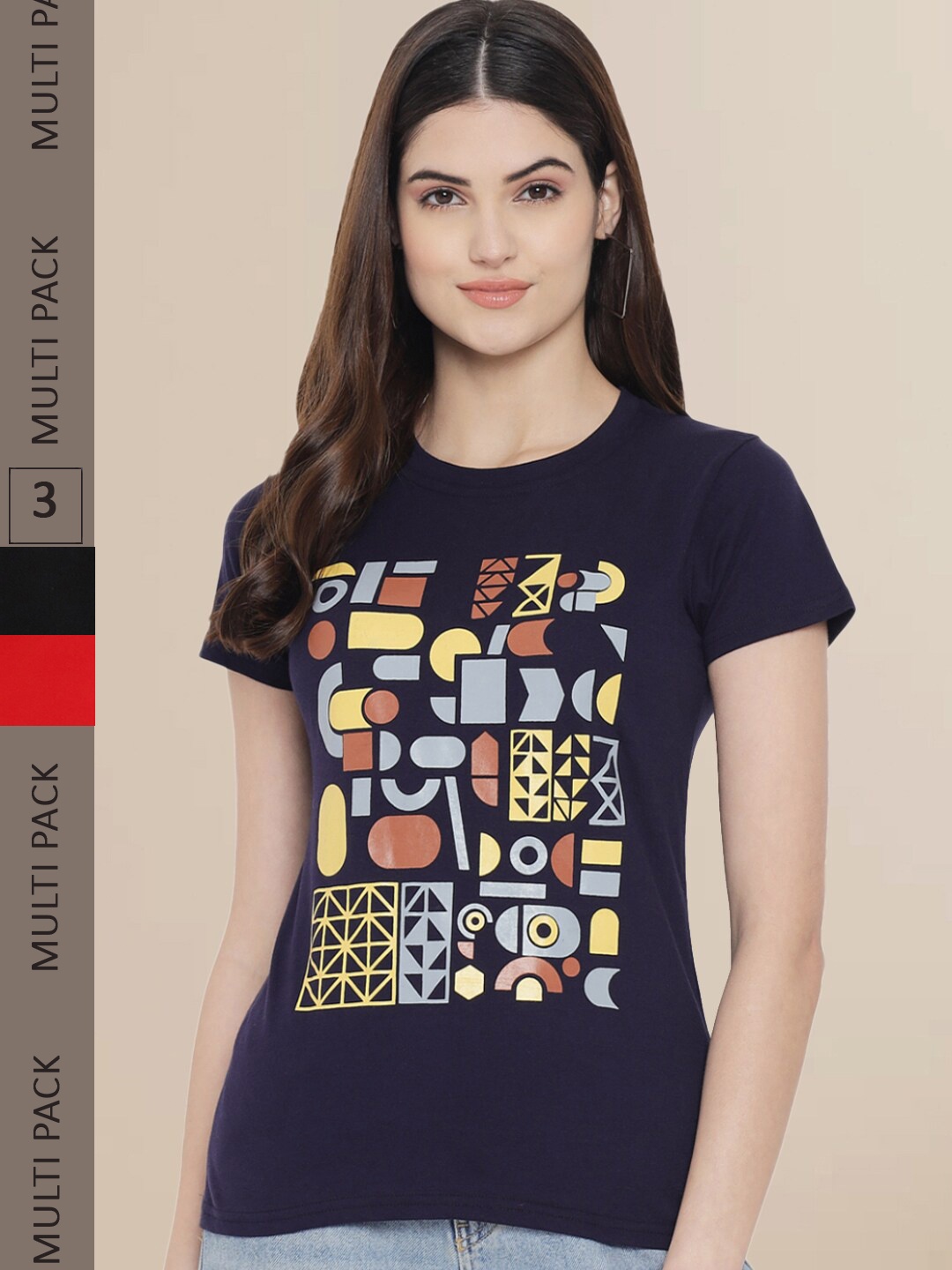 

Fabflee Women Pack of 3 Printed Cotton T-shirts, Navy blue