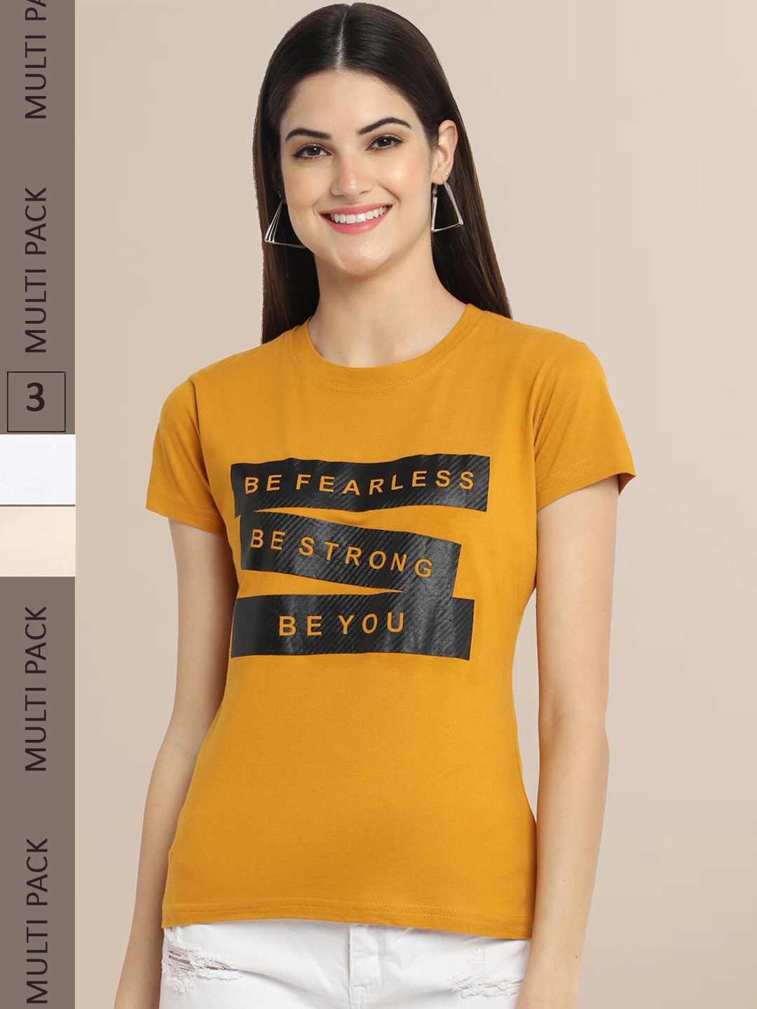 

Fabflee Women Pack of 3 Printed Cotton T-shirts, Mustard