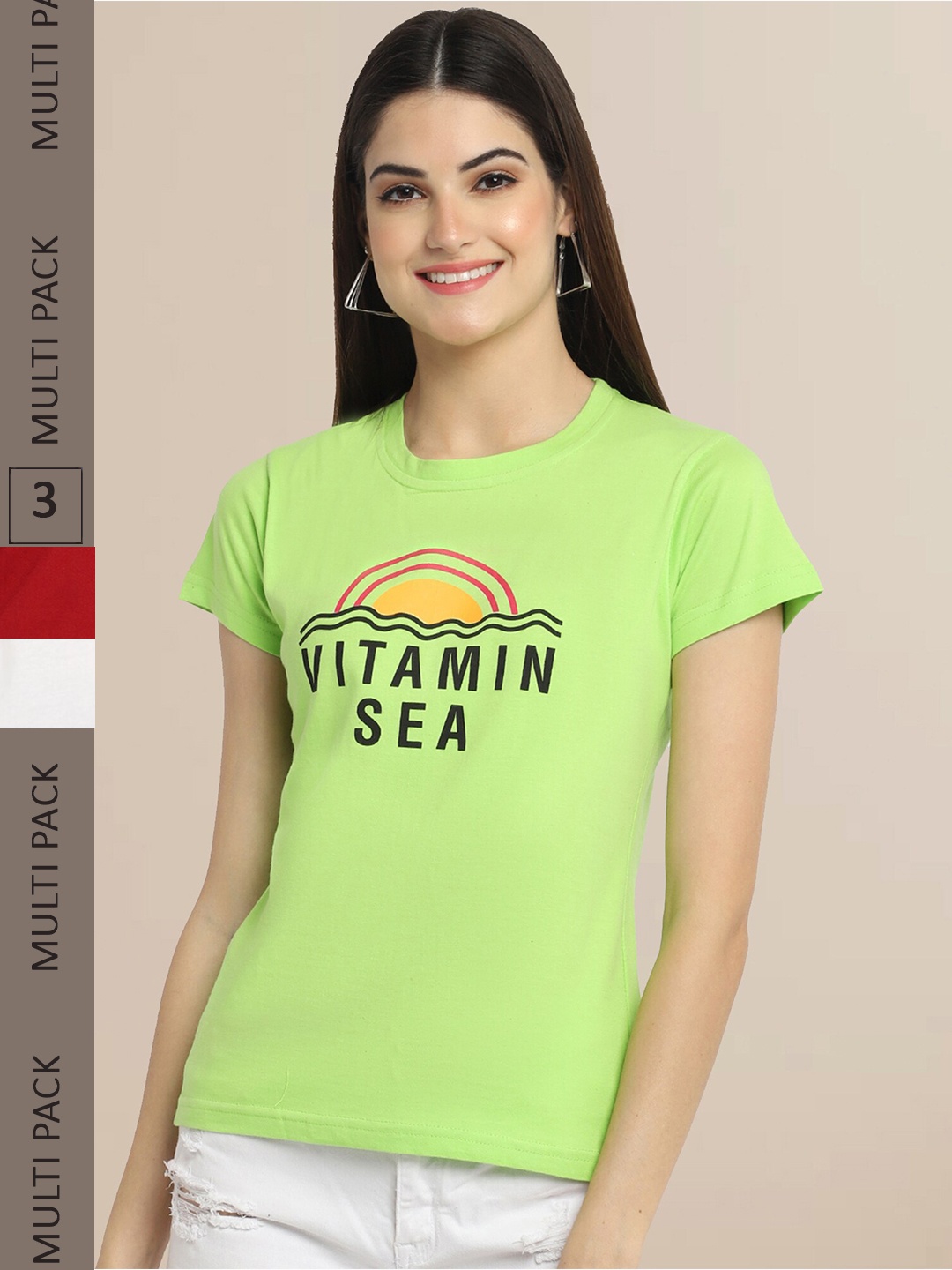 

Fabflee Women Pack of 3 Printed Cotton T-shirts, Green