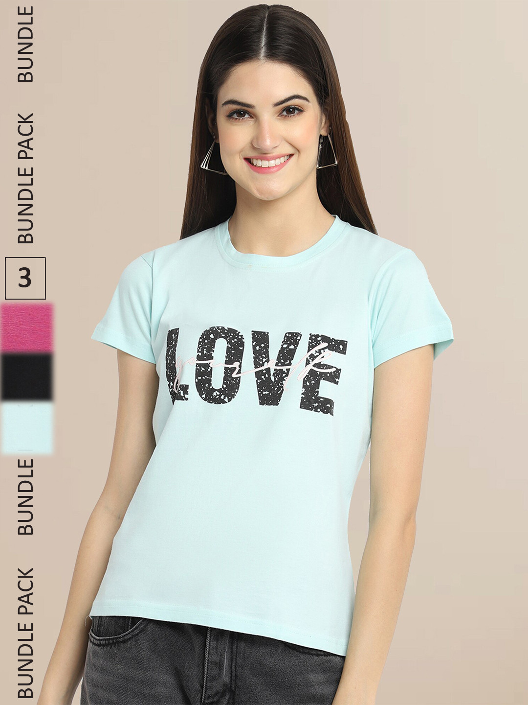 

Fabflee Women Pack of 3 Printed Cotton T-shirts, Sea green