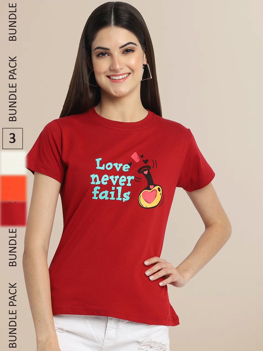 Fabflee Women Pack of 3 Printed Cotton T-shirts, Red