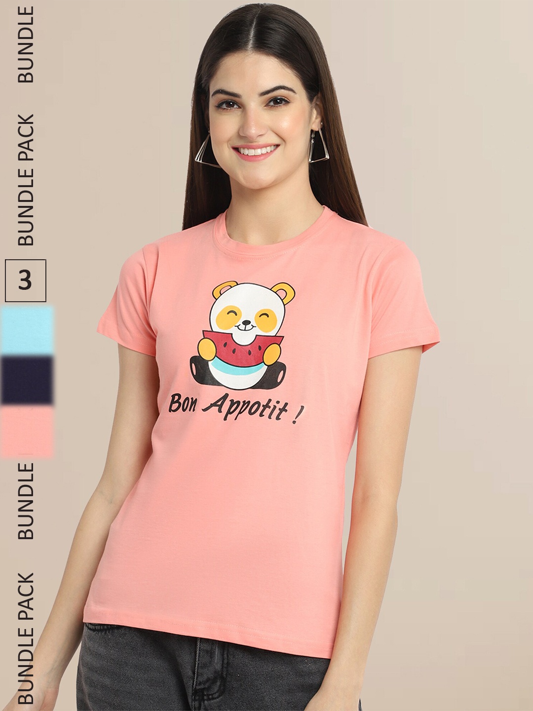 

Fabflee Women Pack of 3 Printed Cotton T-shirts, Peach