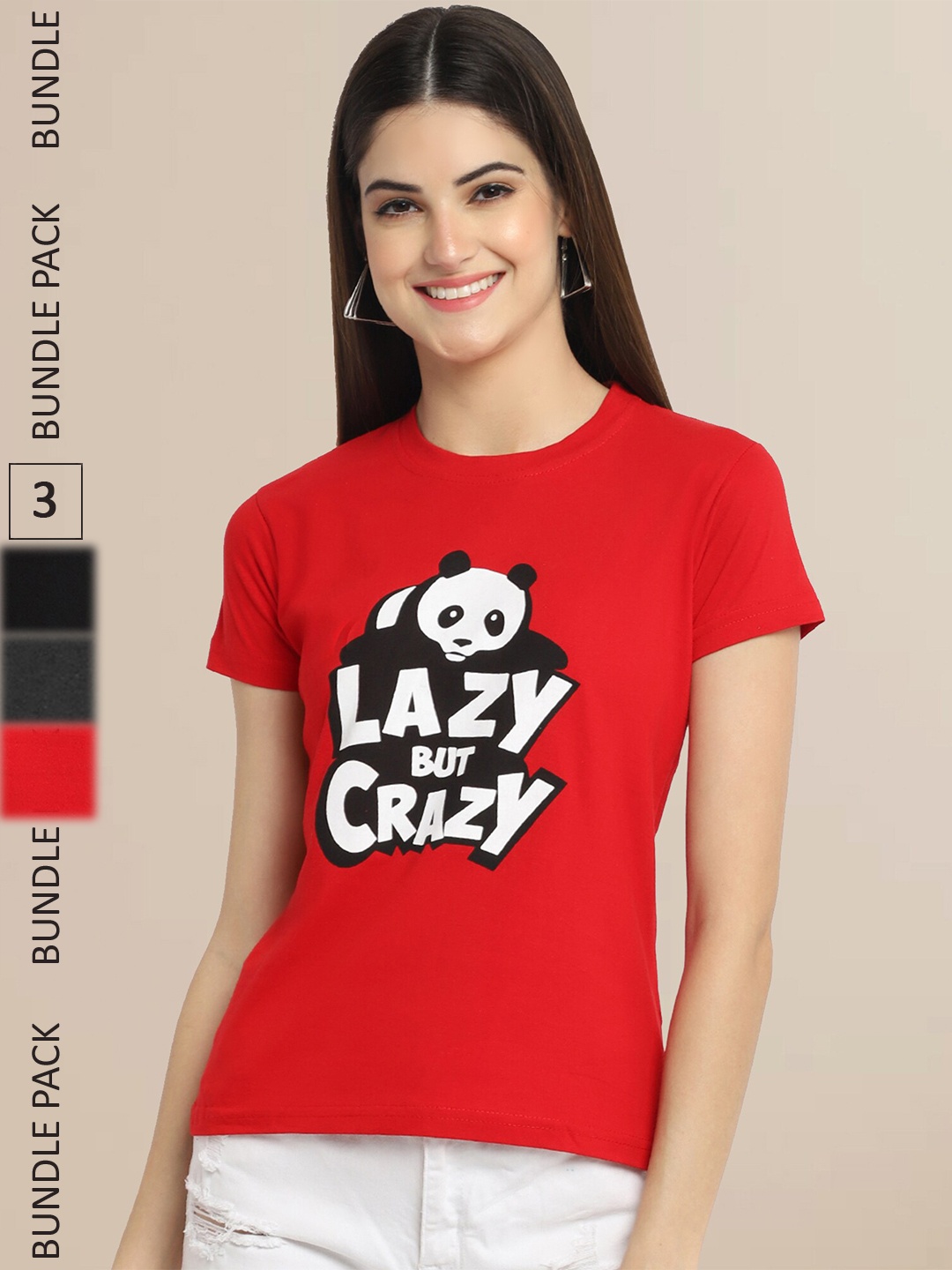

Fabflee Women Pack of 3 Printed Cotton T-shirts, Red